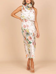 Halter Neck Floral Elastic Waist Maxi Dress